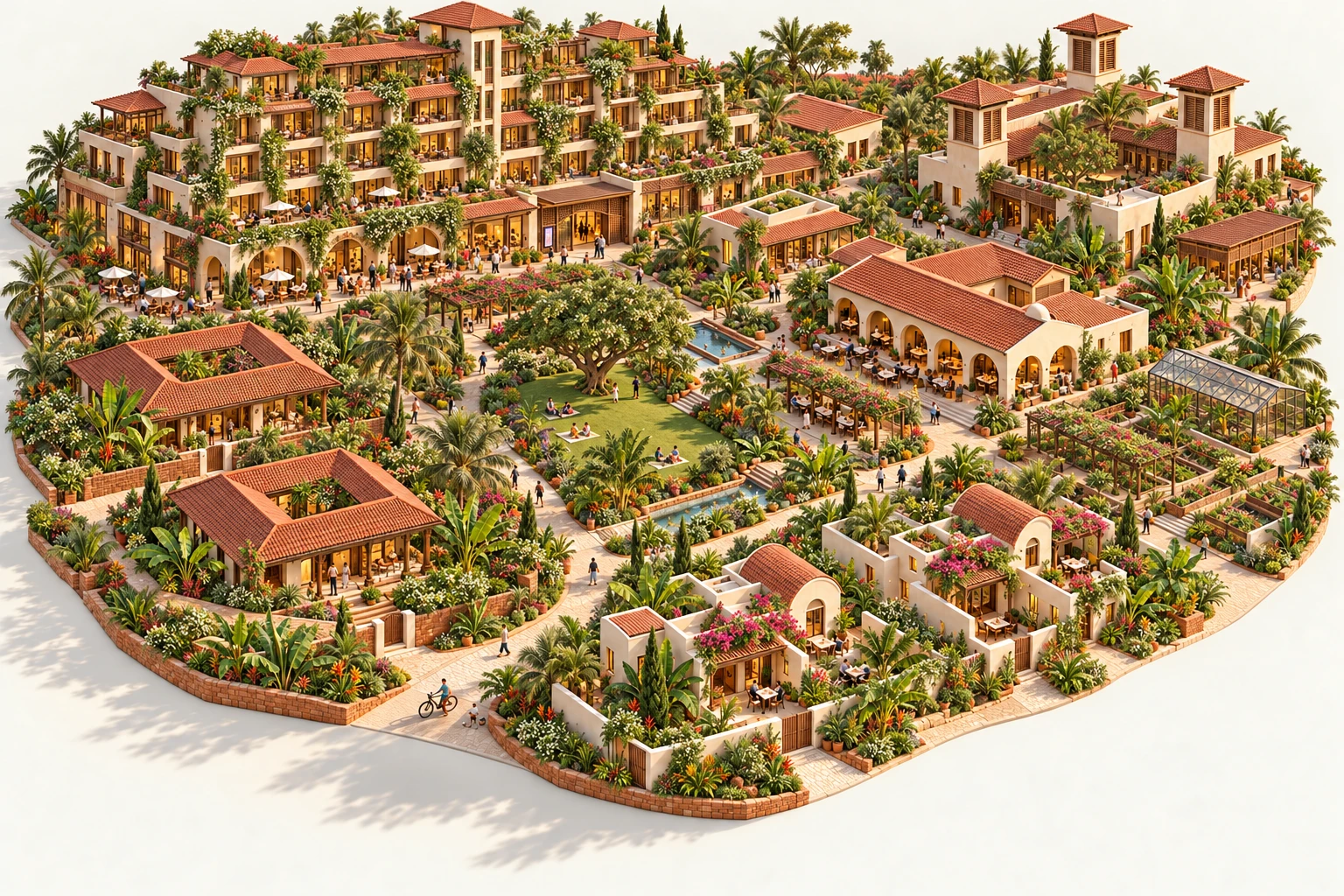 An imagined Indian Navabiome village with tropical planting and warm clay roofs: single-family timber courtyard houses, garden condos with a mixed-use base, a windcatcher work court, an arcaded commons, garden cottages and productive gardens around a central green.